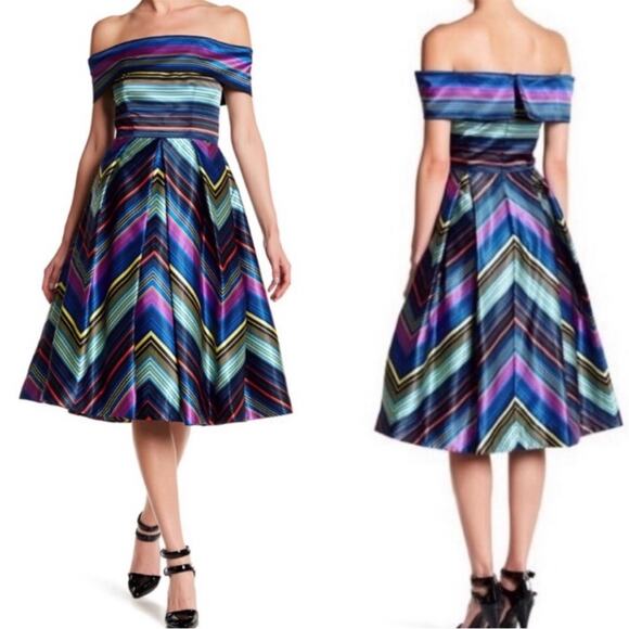 Nicole Miller Off-the-Shoulder Striped Fit & Flare Dress Size 4 EUC - Picture 1 of 11